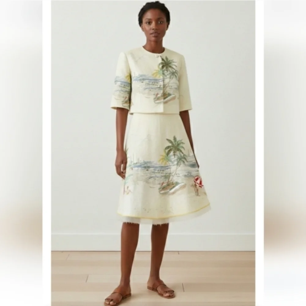 J. CREW Vintage Beach Scene Postcard Print Collectible Ecru Linen Skirt S RARE - Picture 2 of 12